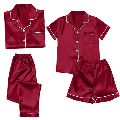 4 Piece Pajama Set for Women Satin Pajama Set for Women, Women'S Ice Silk Thin Imitation Silk Short Long Sleeve Home Clothes Four Piece, Cooling Pajamas Womens Pajama Shorts, Wine,4Xl